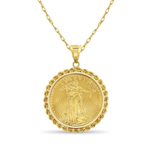 1OZ Fine Gold Lady Liberty Medallion Necklace Rope Halo - Picture 1 of 4